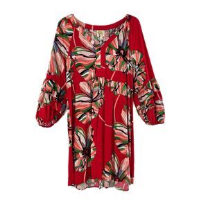 Fig & Flower Mini Dress Women L Red Floral long Ruffled Sleeve Boho Babydoll